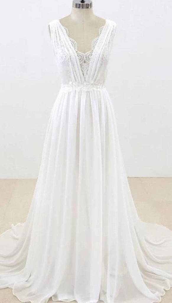 Elegant Unique V Neck Cheap Beach Wedding Dresses Online, WD374