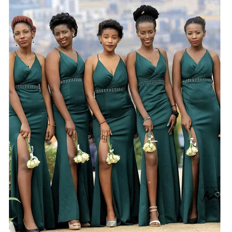 Emerald Green Mermaid V-neck High Slit Cheap Long Bridesmaid Dresses,WG1247