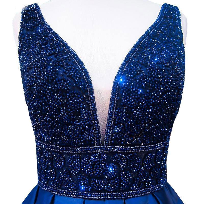 Fashion V Neck Backless Navy A line Beaded Long Custom Evening Prom Dresses, 17403