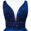 Fashion V Neck Backless Navy A line Beaded Long Custom Evening Prom Dresses, 17403