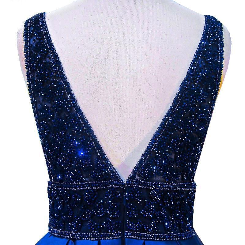 Fashion V Neck Backless Navy A line Beaded Long Custom Evening Prom Dresses, 17403