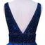 Fashion V Neck Backless Navy A line Beaded Long Custom Evening Prom Dresses, 17403