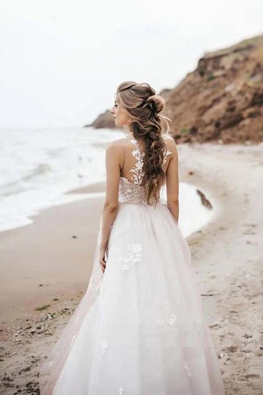 Floral A-line Sleeveless Straps Handmade Lace Wedding Dresses,WD744