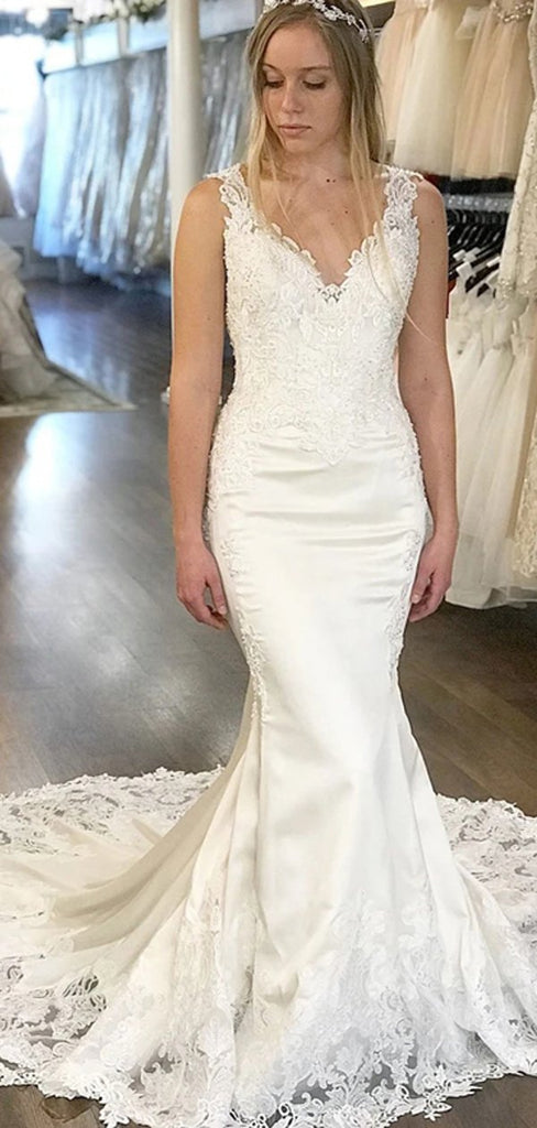 Floral Mermaid Backless V-neck Straps Handmade Lace Wedding Dresses,WD751