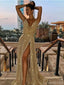 Gold A-line Spaghetti Straps High Slit Cheap Long Prom Dresses Online,12636
