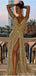 Gold A-line Spaghetti Straps High Slit Cheap Long Prom Dresses Online,12636