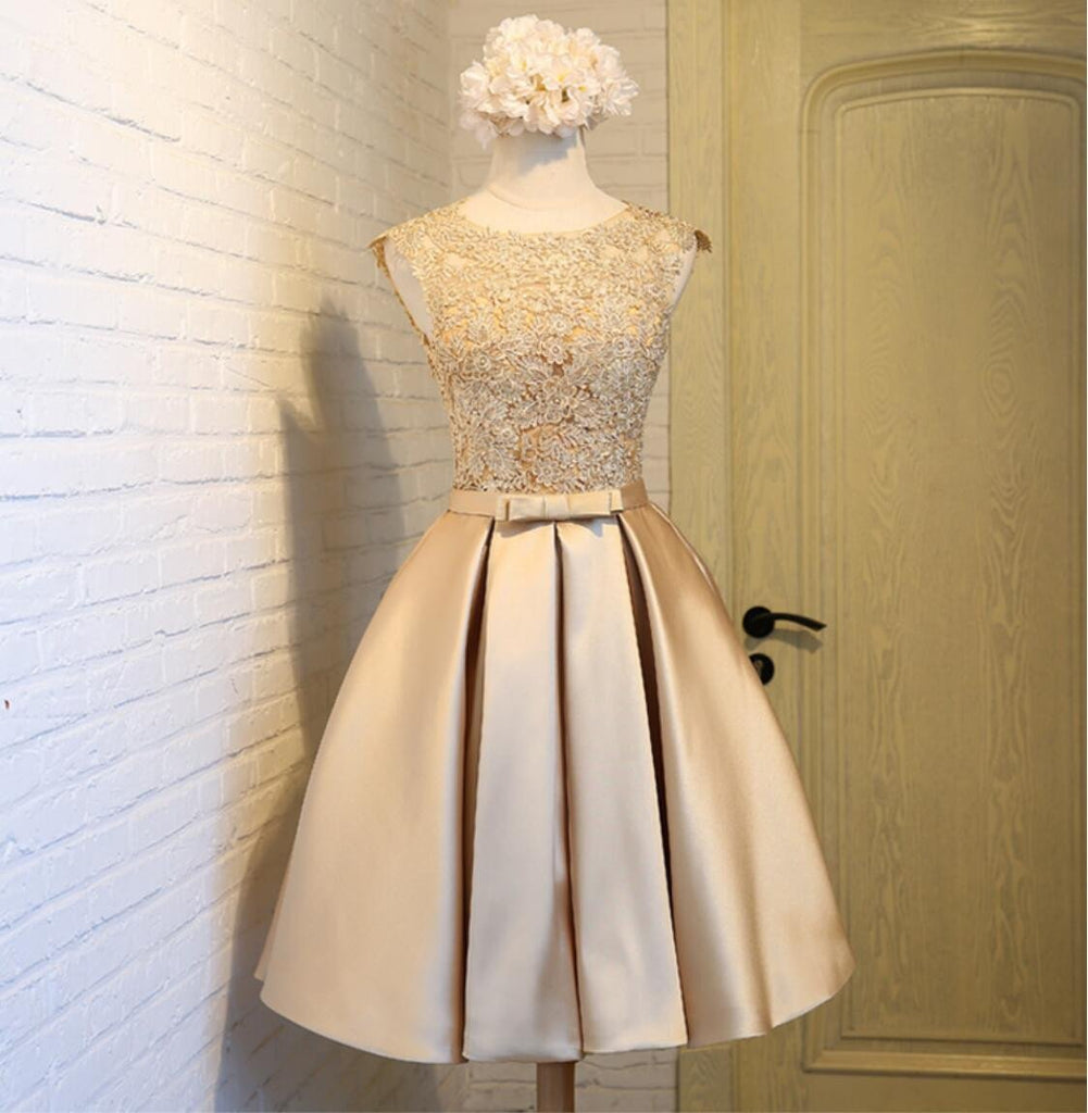 Gold Lace High Neckline Cap Sleeve Homecoming Prom Dresses, Affordable Short Party Prom Dresses, Perfect Homecoming Dresses, CM291