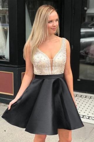 Gold V Neck Beaded Short Homecoming Dresses Online, Cheap Short Prom Dresses, CM838