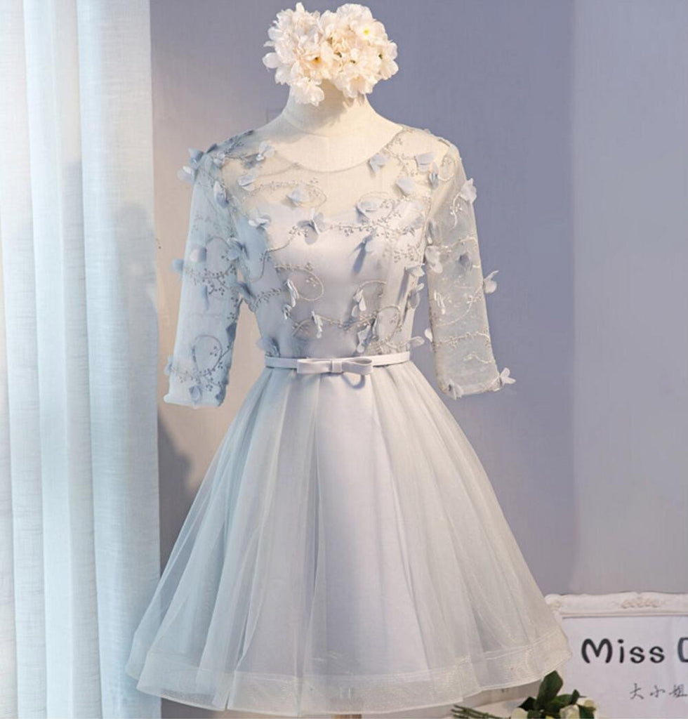 Gray Lace Long Sleeve Open Back Homecoming Prom Dresses, Affordable Short Party Prom Dresses, Perfect Homecoming Dresses, CM283