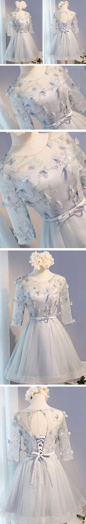 Gray Lace Long Sleeve Open Back Homecoming Prom Dresses, Affordable Short Party Prom Dresses, Perfect Homecoming Dresses, CM283