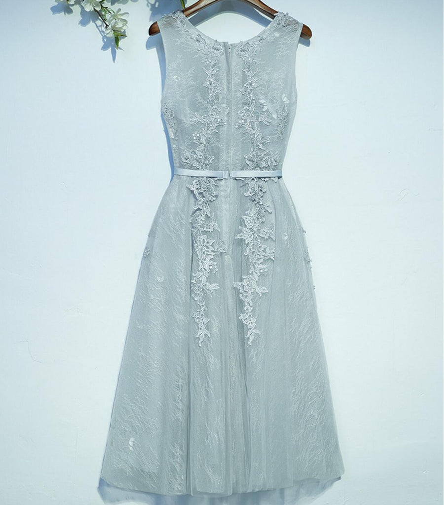 Gray Lace Round Neckline Homecoming Prom Dresses, Affordable Corset Back Short Party Prom Dresses, Perfect Homecoming Dresses, CM251