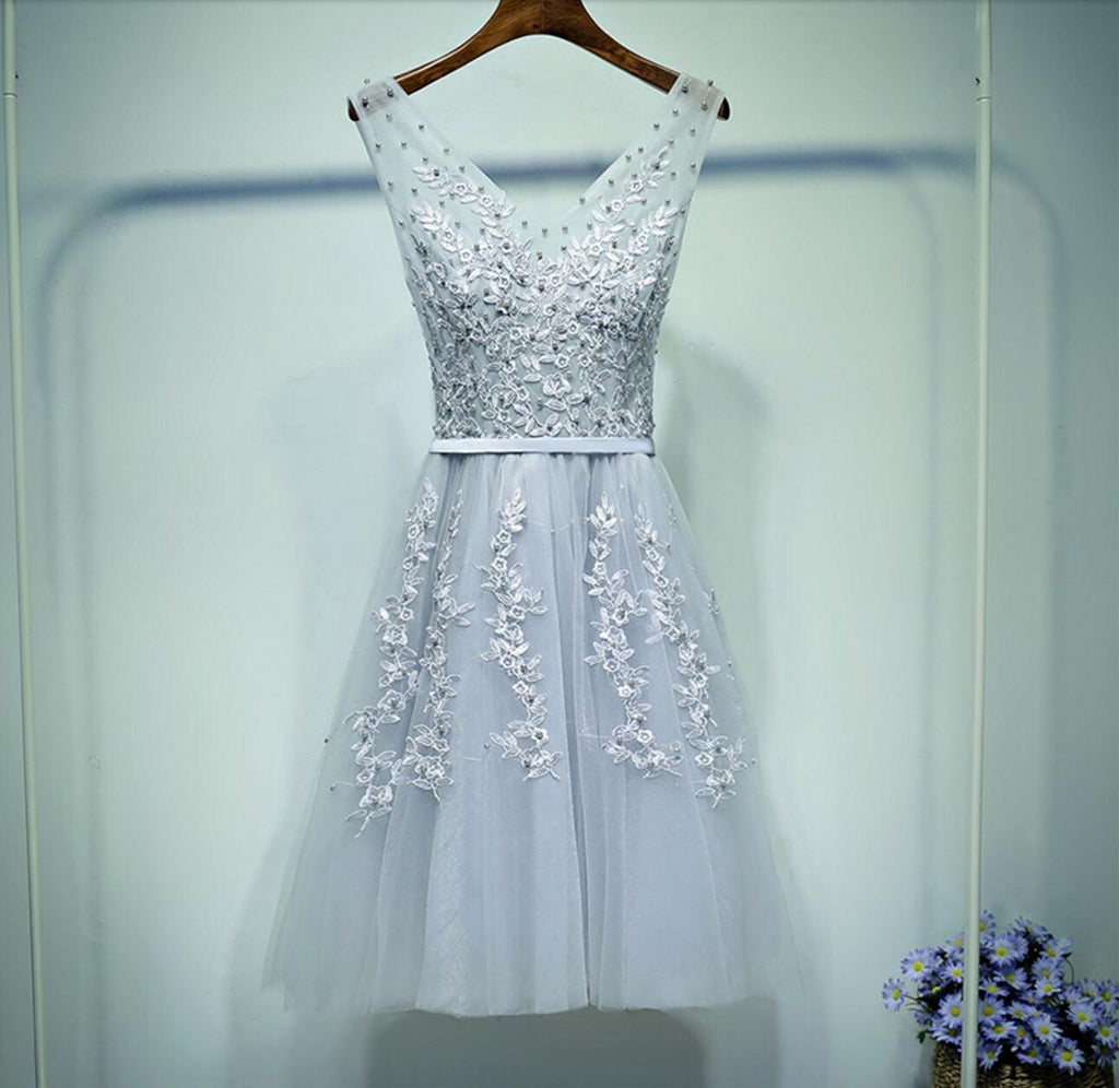 Gray Lace V Neckline Beaded Homecoming Prom Dresses, Affordable Corset Back Short Party Prom Dresses, Perfect Homecoming Dresses, CM258