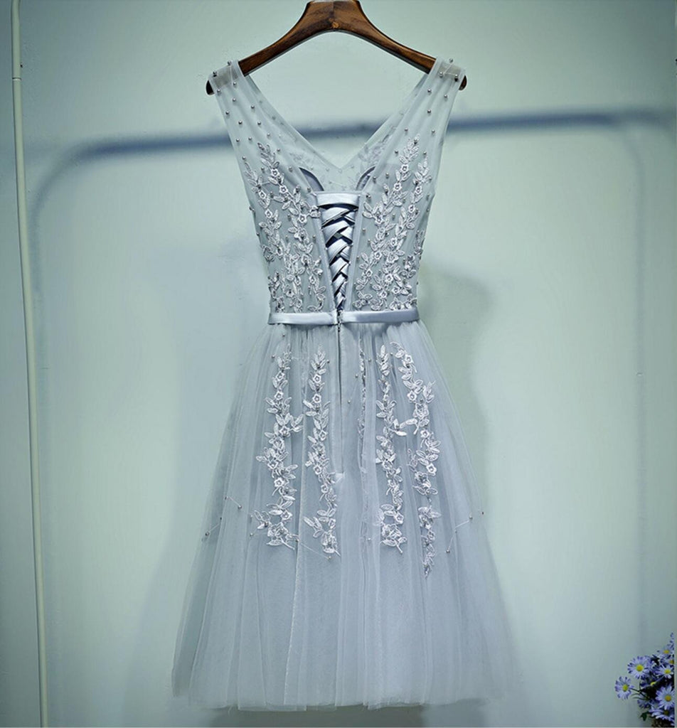 Gray Lace V Neckline Beaded Homecoming Prom Dresses, Affordable Corset Back Short Party Prom Dresses, Perfect Homecoming Dresses, CM258