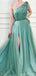 Green A-line One Shoulder High Slit Cheap Long Prom Dresses Online,12669