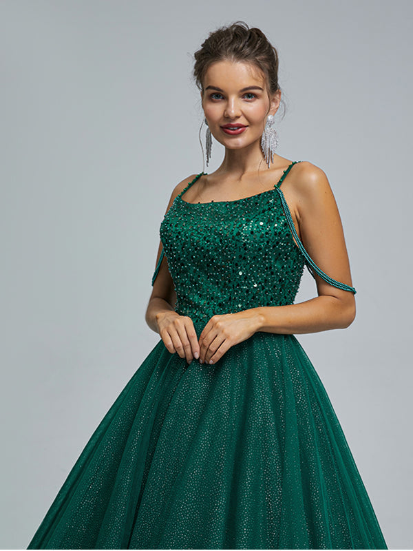 Green A-line Spaghetti Straps Cheap Long Prom Dresses Online,12802