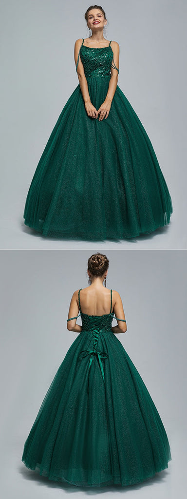 Green A-line Spaghetti Straps Cheap Long Prom Dresses Online,12802