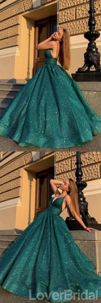 Green A-line Spaghetti Straps V-neck Cheap Long Prom Dresses,12662