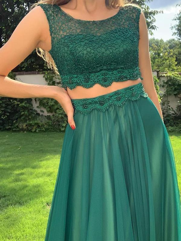 Green A-line Two Pieces Sleeveless Cheap Long Prom Dresses Online,12538