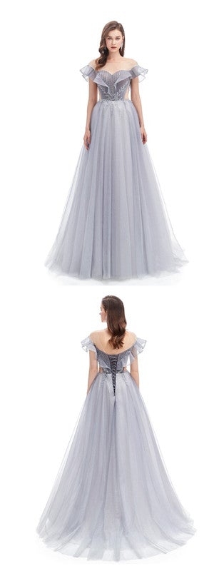 Grey A-line Short Sleeves Off Shoulder Long Prom Dresses Online,12585
