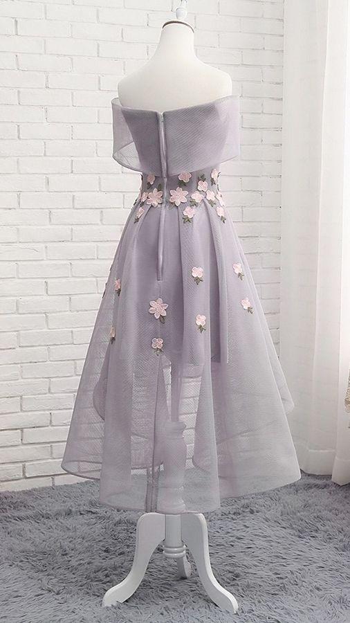 Grey Off Shoulder Floral Short Homecoming Dresses Online, Cheap Short Prom Dresses, CM849