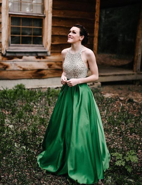 Halter Beaded Green Skirt A-line Long Evening Prom Dresses, Cheap Sweet 16 Dresses, 18310
