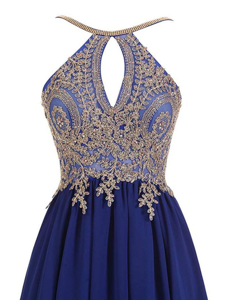 Halter Gold Lace Beaded Chiffon Short Cheap Homecoming Dresses Online, CM730