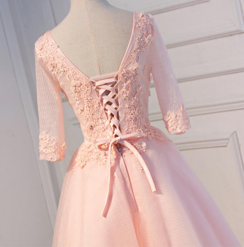Long Sleeve Light Peach Open Back See Through Lace Cute Homecoming Prom Dresses, Affordable Short Party Prom Dresses, Perfect Homecoming Dresses, CM318