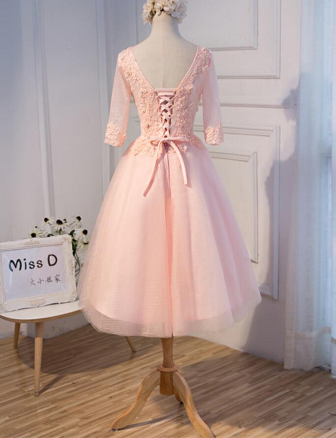 Long Sleeve Light Peach Open Back See Through Lace Cute Homecoming Prom Dresses, Affordable Short Party Prom Dresses, Perfect Homecoming Dresses, CM318
