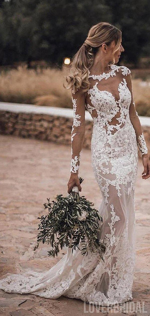 Long Sleeves Backless Lace Mermaid Wedding Dresses Online, Cheap Bridal Dresses, WD627