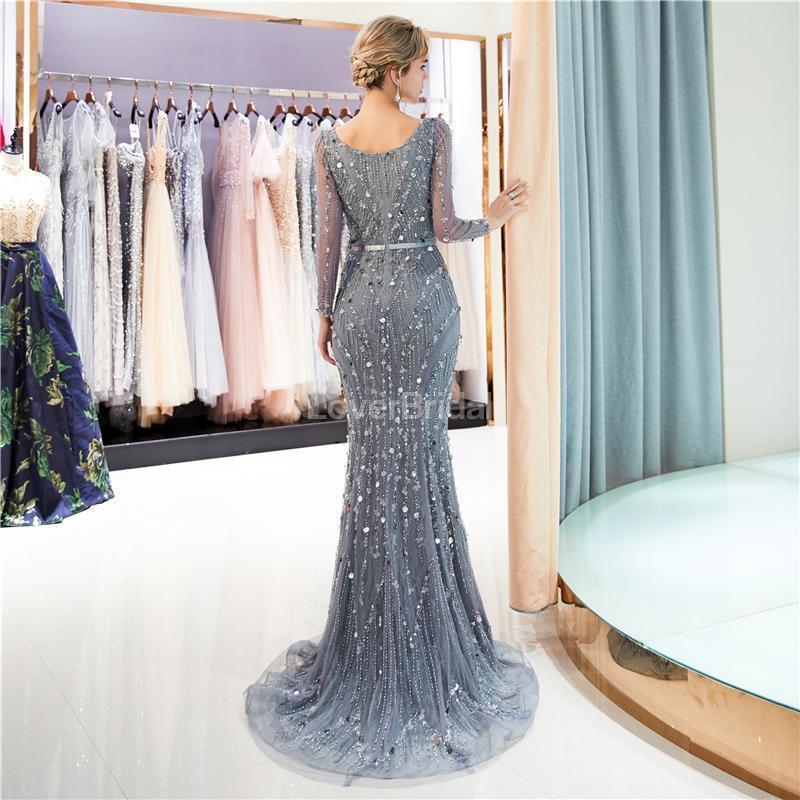 Long Sleeves Grey Rhinestone Heavily Beaded Mermaid Evening Prom Dresses, Evening Party Prom Dresses, 12038