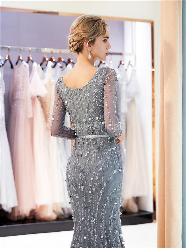 Long Sleeves Grey Rhinestone Heavily Beaded Mermaid Evening Prom Dresses, Evening Party Prom Dresses, 12038