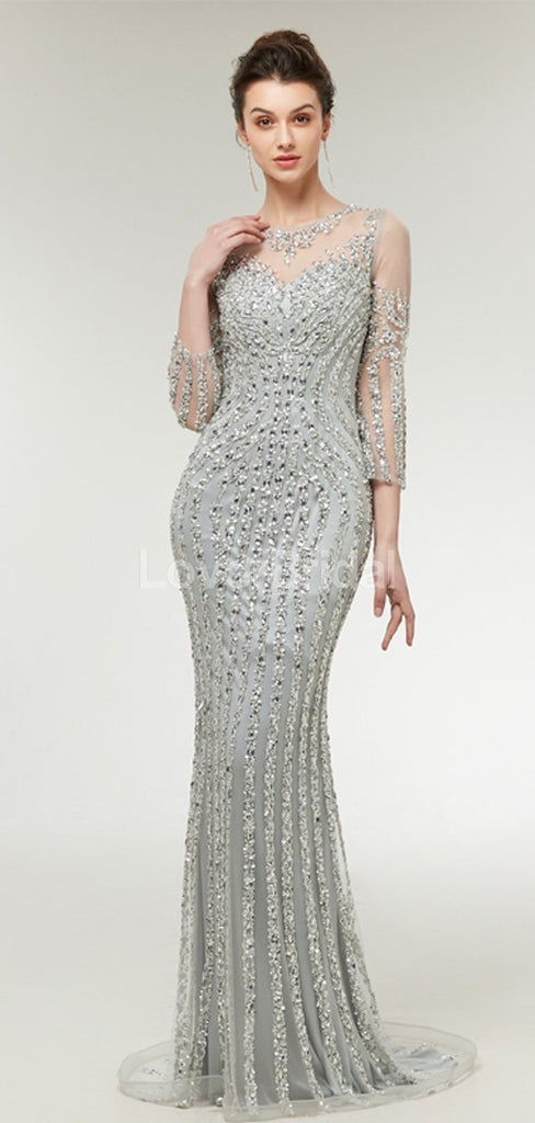 Long Sleeves Lace Beaded Mermaid Long Evening Prom Dresses, Evening Party Prom Dresses, 12003
