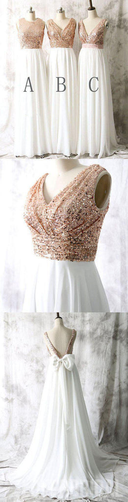 Mismatched Different Styles Sequin Top White Chiffon Sleeveless On Sale Long Bridesmaid Dresses For Wedding, WG17