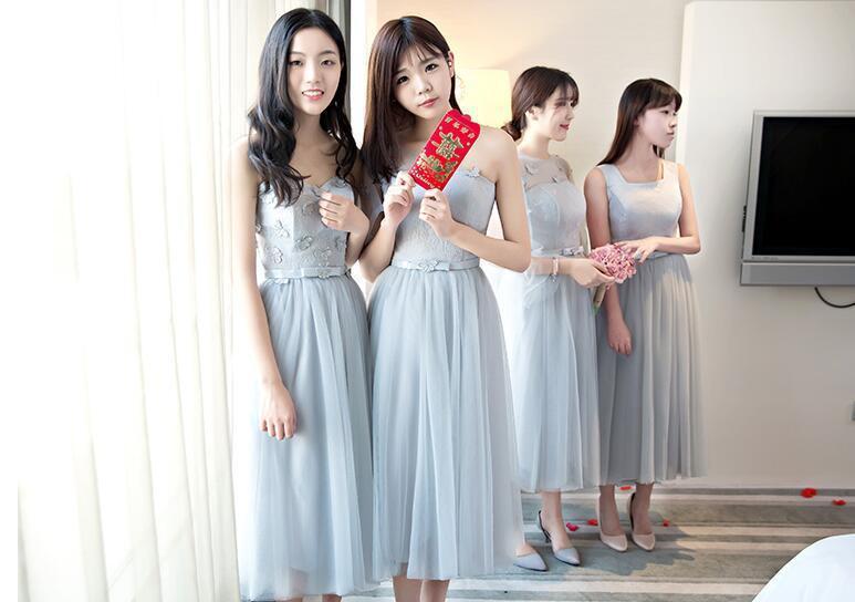 Mismatched Gray Tea Length Lace Bridesmaid Dresses, Cheap Custom Short Bridesmaid Dresses, Affordable Bridesmaid Gowns, BD025
