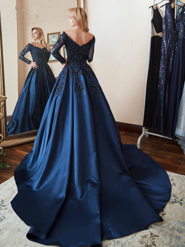 Modest A-line Long Sleeves Blue Long Party Prom Dresses Online,Dance Dresses,12368