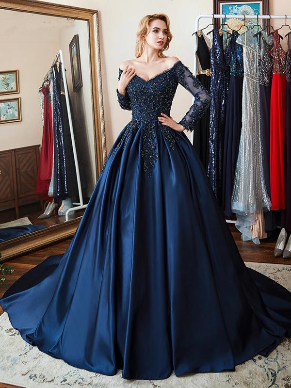 Modest A-line Long Sleeves Blue Long Party Prom Dresses Online,Dance Dresses,12368