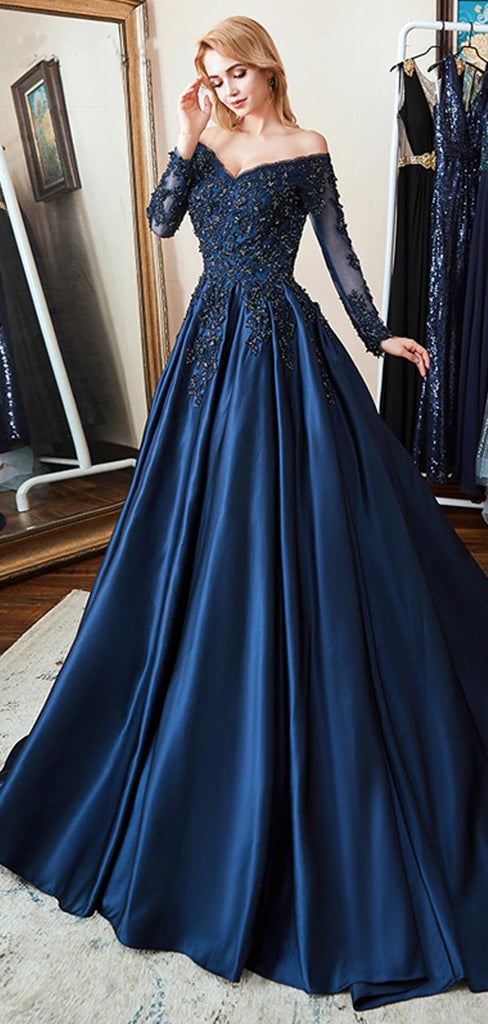 Modest A-line Long Sleeves Blue Long Party Prom Dresses Online,Dance Dresses,12368