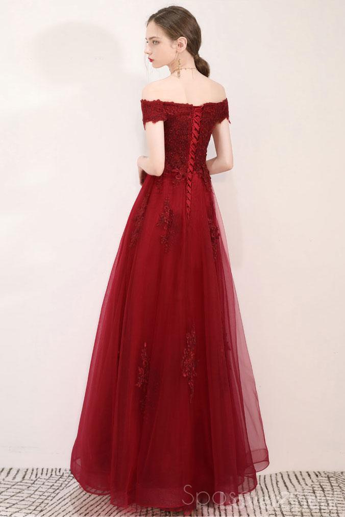 Off Shoulder Dark Red Lace Long Evening Prom Dresses, Cheap Party Custom  Prom Dresses, 18620