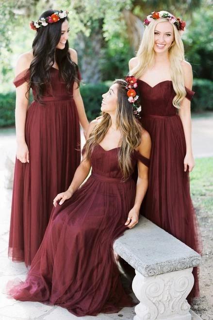 Off Shoulder Dusty Red Long Bridesmaid Dresses Online, Cheap Bridesmaids Dresses, WG744