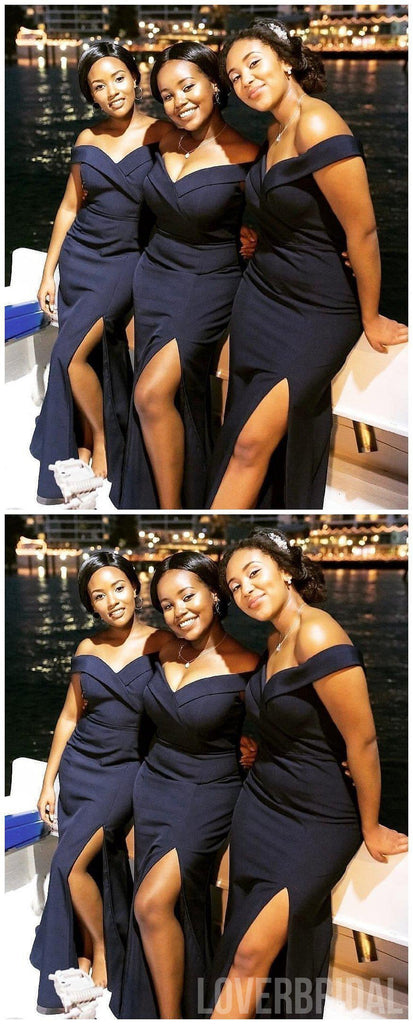 Off Shoulder Navy Side Slit Mermaid Cheap Long Cheap Bridesmaid Dresses Online, WG644