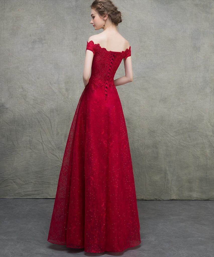 Off Shoulder Red Lace Beaded A-line Long Evening Prom Dresses, Evening Party Prom Dresses, 12328