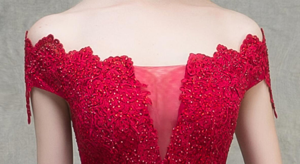 Off Shoulder Red Lace Beaded A-line Long Evening Prom Dresses, Evening Party Prom Dresses, 12328