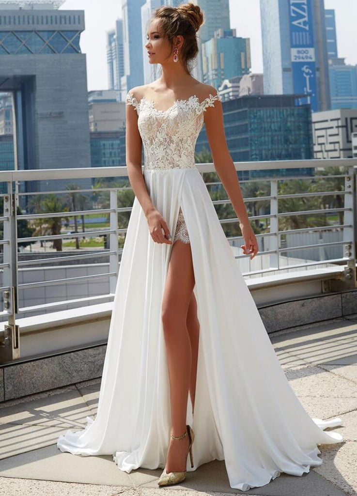 Off Shoulder See Through Cheap Wedding Dresses Online, Side Slit A-line Bridal Dresses, WD444