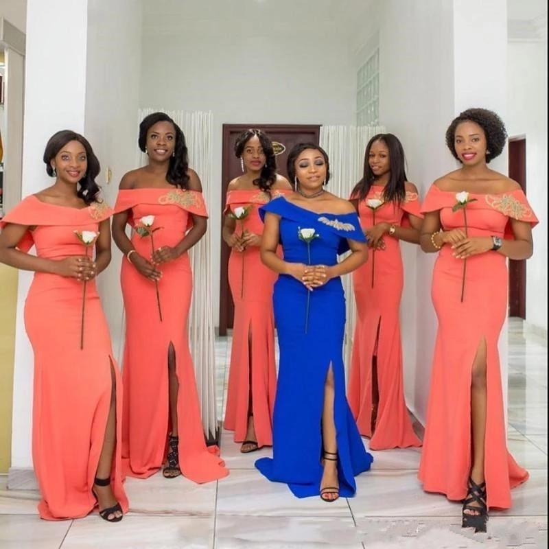 Orange Mermaid Off Shoulder Side Slit Cheap Long Bridesmaid Dresses Online,WG989