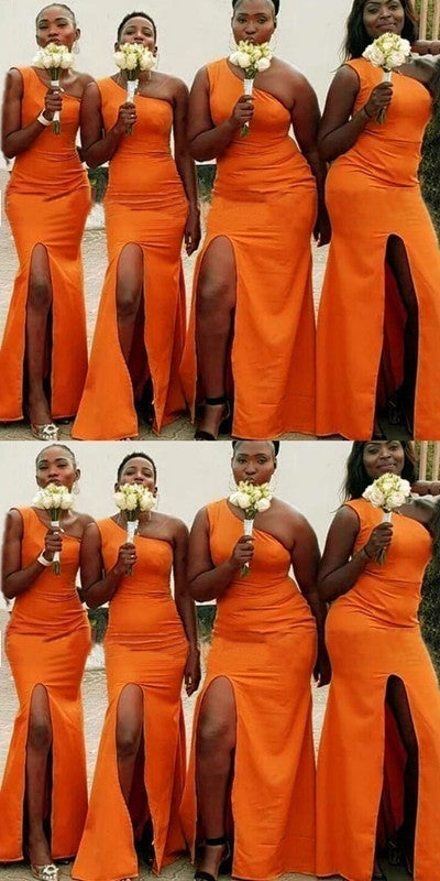 Orange Mermaid One Shoulder Side Slit Long Bridesmaid Dresses,WG1029