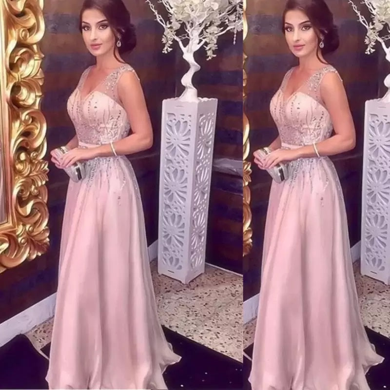 Pink A-line Straps V-neck Cheap Long Prom Dresses, Evening Party Dresses,12727