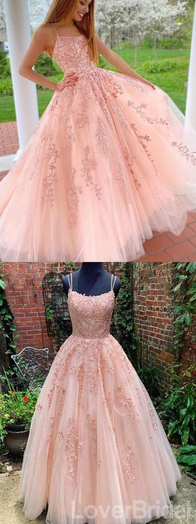 Pink Lace A-line Spaghetti Straps Cheap Long Prom Dresses Online,12617