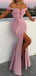 Pink Mermaid Off Shoulder V-neck High Slit Cheap Long Prom Dresses Online,12688
