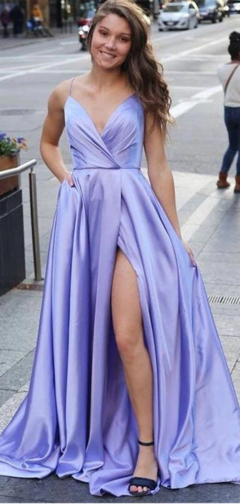 Purple A-line Spaghetti Straps High Slit V-neck Cheap Long Prom Dresses,12698