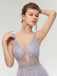 Purple A-line V-neck See Through High Slit Long Party Prom Dresses Online,12366